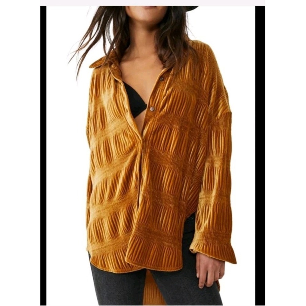 Free People My Best Crinkle Velvet Button Shirt Women's S Oversized Boho - Picture 4 of 6